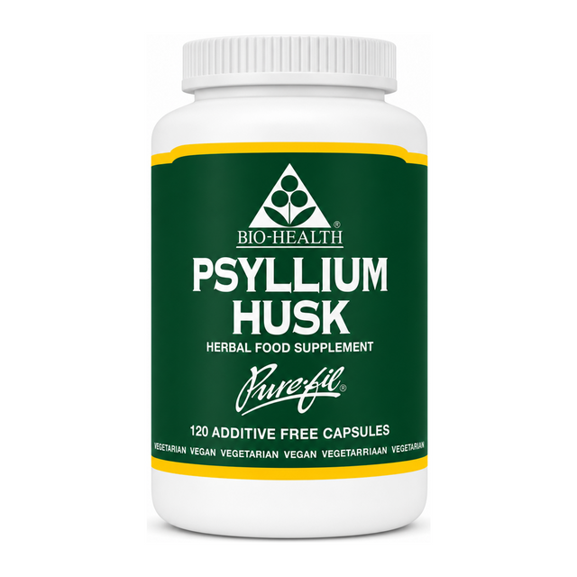 Bio Health Psyllium Husk 120 capsules by Bio-Health Natural Remedies — front view showing product label and branding, studio product photo on white background