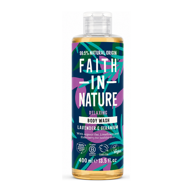 Faith in Nature Lavender & Geranium Body Wash by Faith In Nature Natural Beauty — front view showing product label and branding, studio product photo on white background