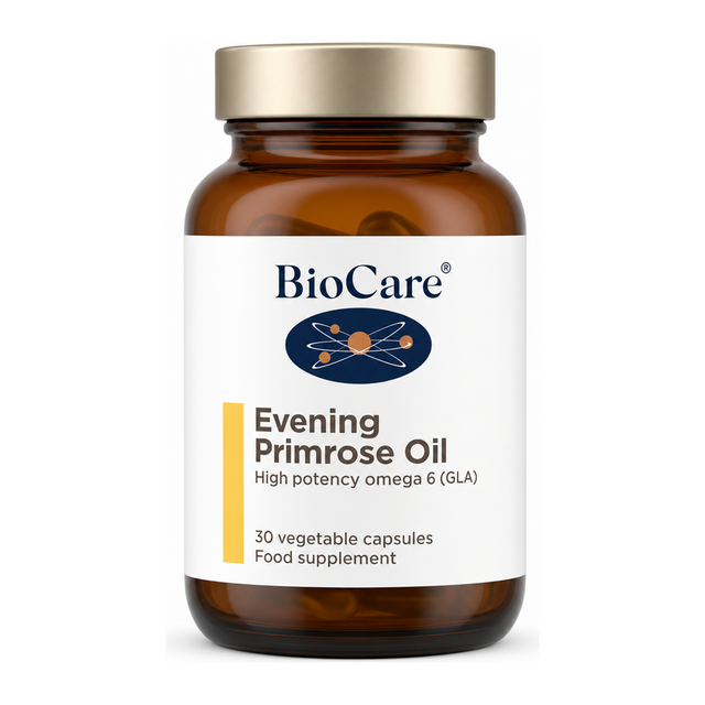 Biocare Evening Primrose Oil 30 Capsules by BioCare Natural Remedies — front view showing product label and branding, studio product photo on white background