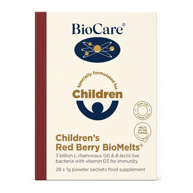 Biocare Children's Red Berry BioMelts - 28 Sachets by BioCare Natural Remedies — front view showing product label and branding, studio product photo on white background
