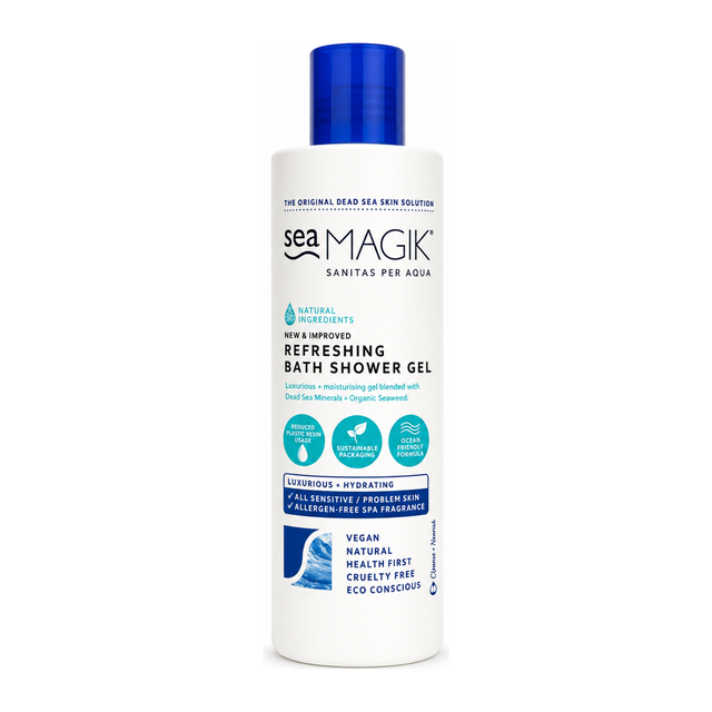 Dead Sea Spa Magik Refreshing Bath Shower Gel by Sea Magik Natural Beauty — front view showing product label and branding, studio product photo on white background