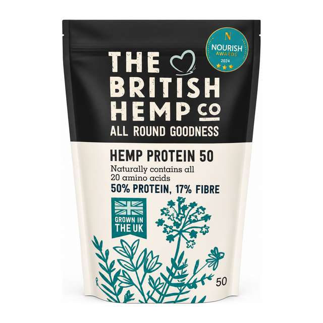 British Hemp Co 50% Hemp protein powder (Order in singles or 8 for trade outer) by The British Hemp Co Natural Remedies — front view showing product label and branding, studio product photo on white background