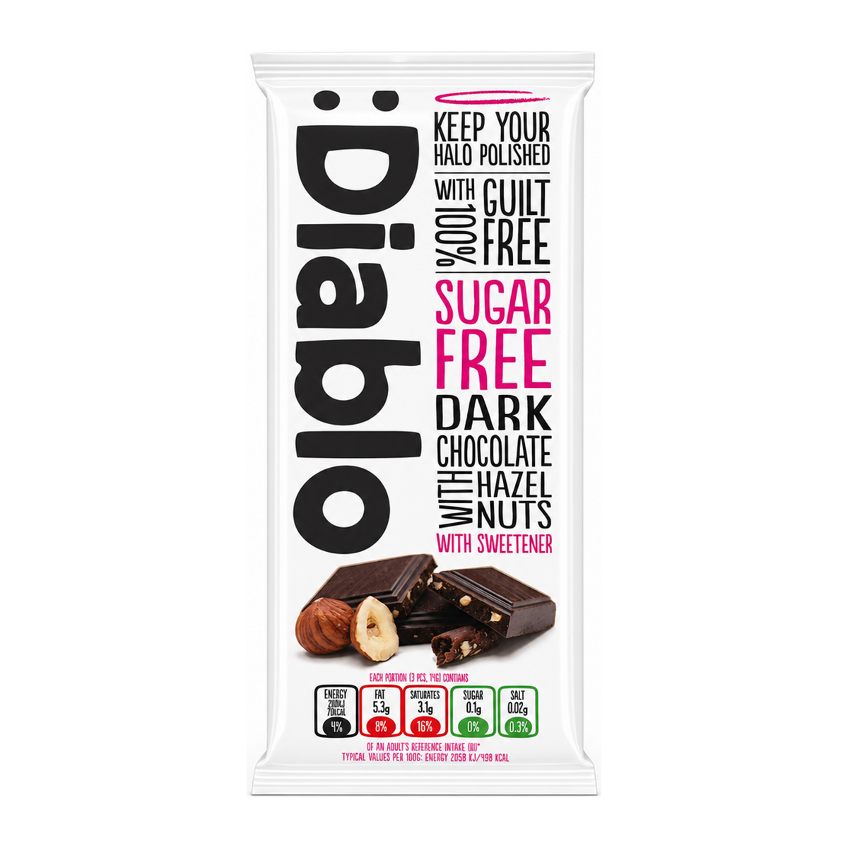 Diablo Sugar Free Dark Chocolate & Hazelnut by Diablo Food & Drinks — front view showing product label and branding, studio product photo on white background