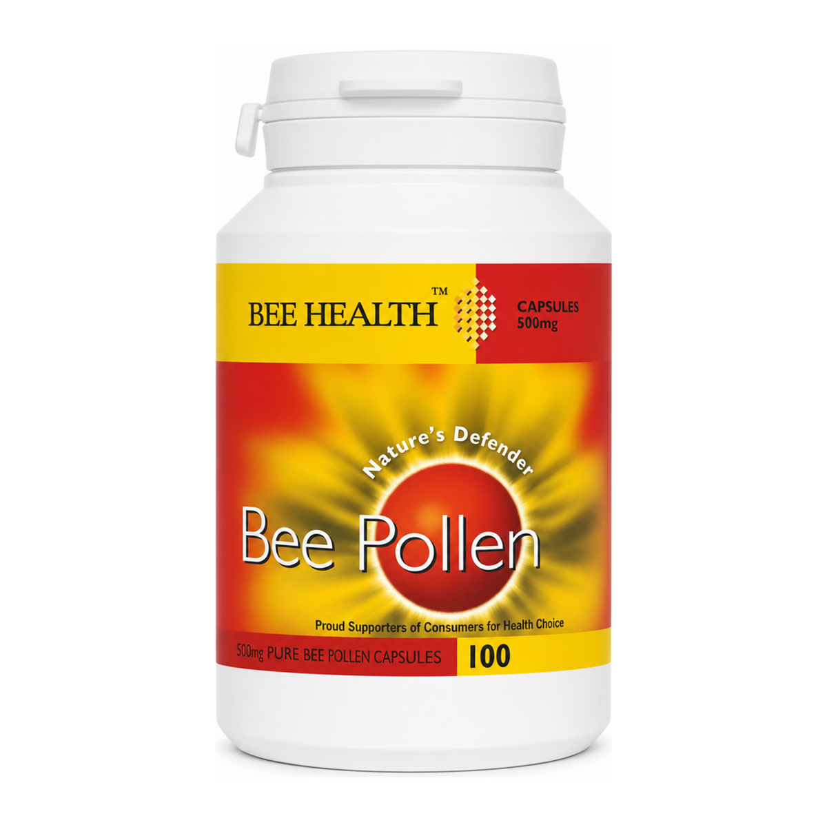 Bee Health Pollen 500mg 100 Capsules by Bee Health Vitamin & Mineral Supplements — front view showing product label and branding, studio product photo on white background