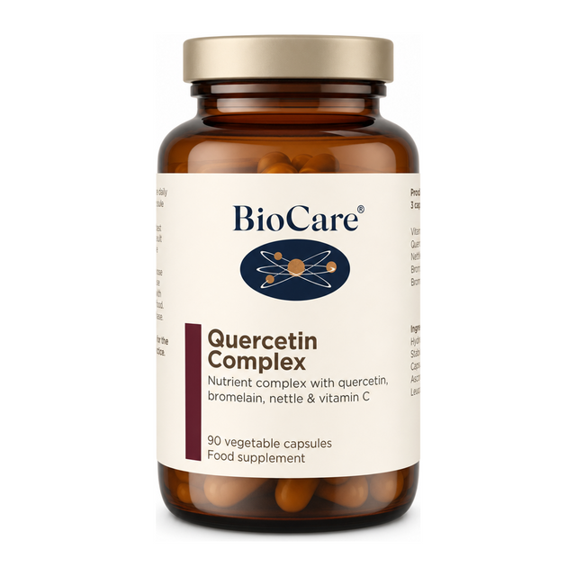 Biocare Quercetin Complex 90 Capsules by BioCare Natural Remedies — front view showing product label and branding, studio product photo on white background