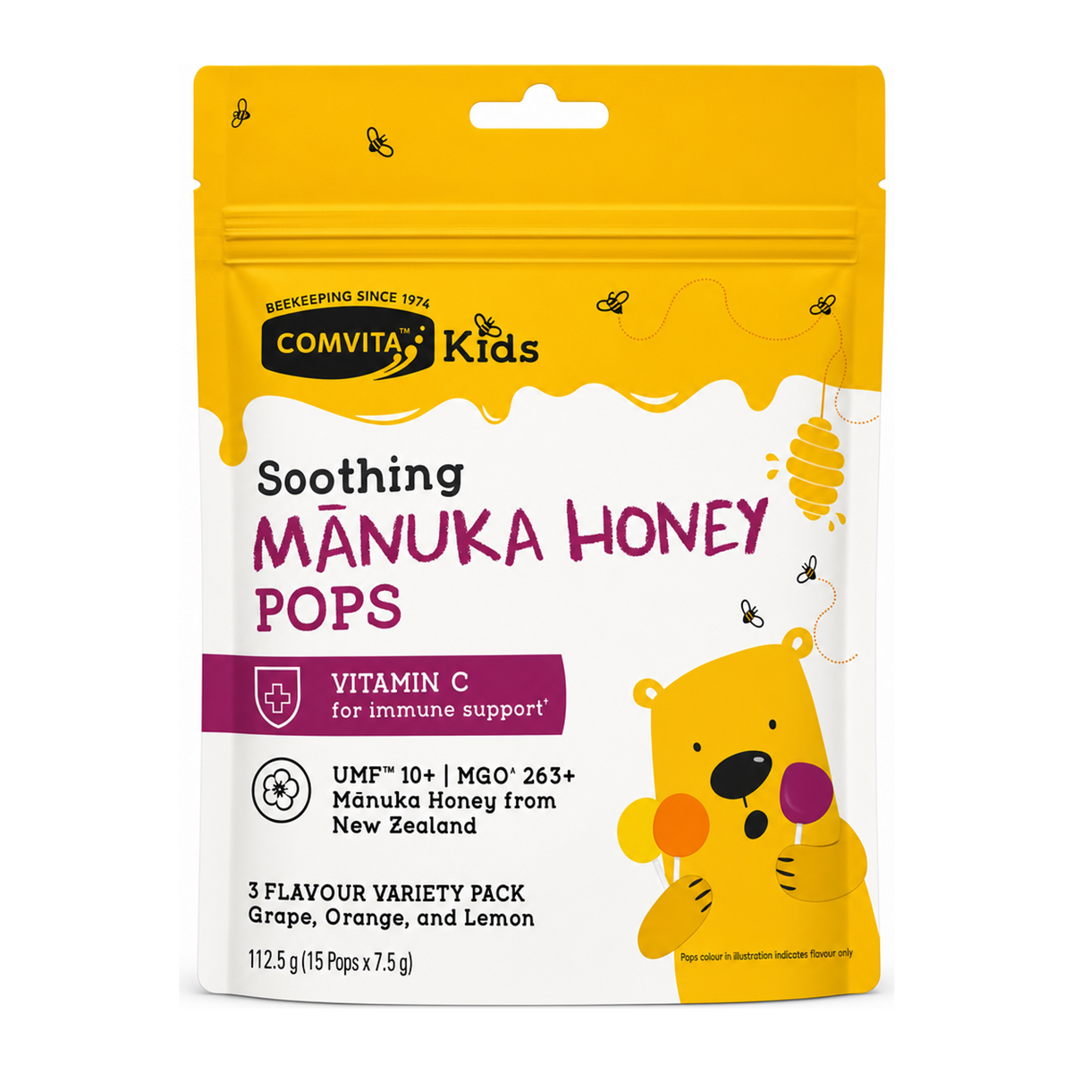 Comvita Kids Soothing Manuka 15 Pops 3 Flavours 112.5g by Comvita Health Food — front view showing product label and branding, studio product photo on white background