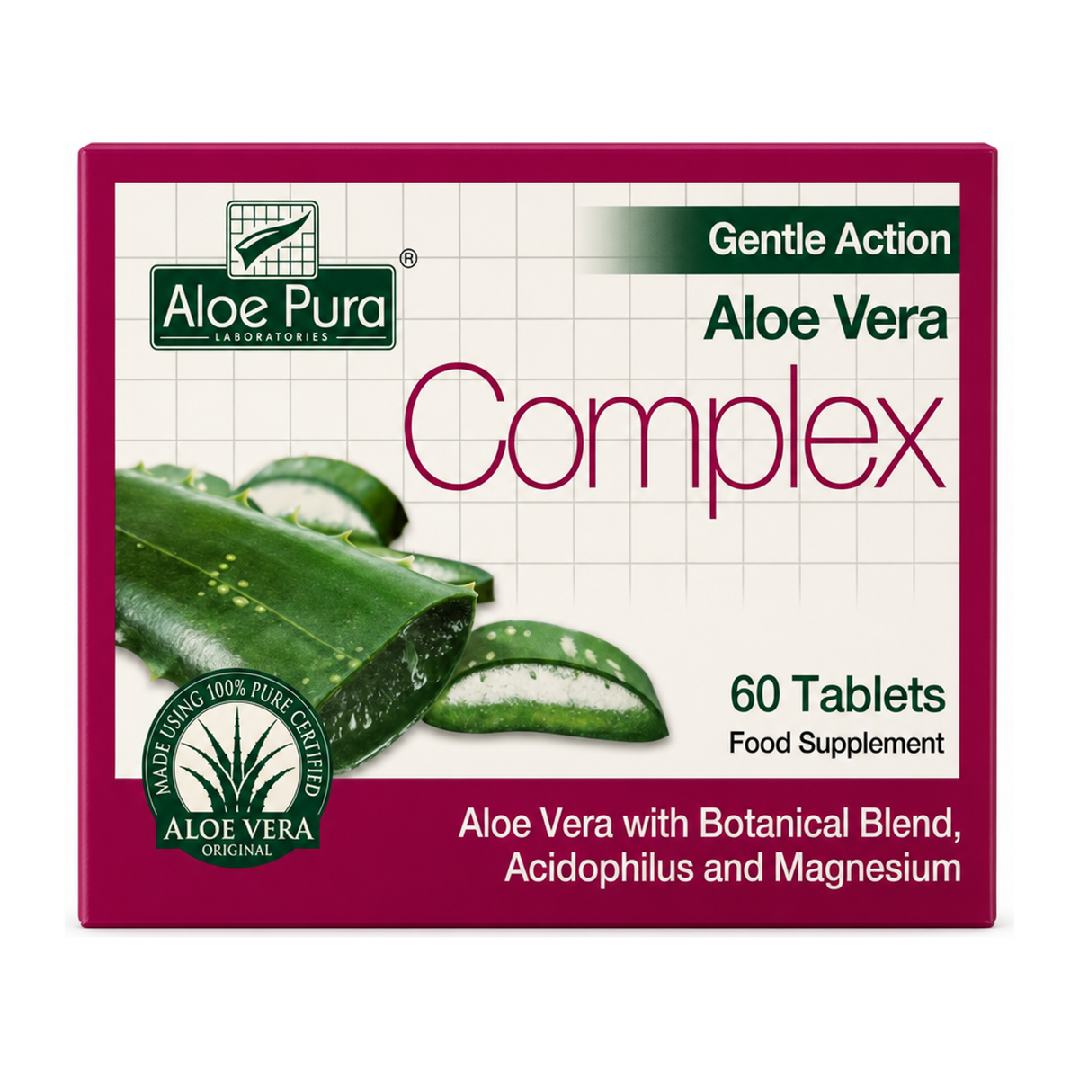 Aloe Pura Aloe Vera Gentle Action Complex 30 Tablets by Aloe Pura Natural Remedies — front view showing product label and branding, studio product photo on white background