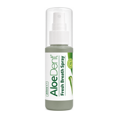 AloeDent Fresh Breath Therapy Spray by AloeDent Natural Beauty — front view showing product label and branding, studio product photo on white background