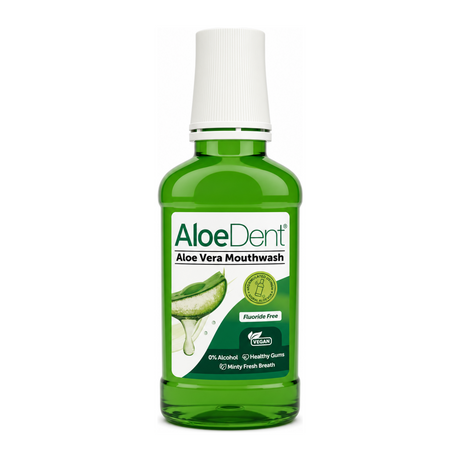 AloeDent Fluoride Free Mouthwash & Vit K & Tea Tree ml by AloeDent Natural Beauty — front view showing product label and branding, studio product photo on white background