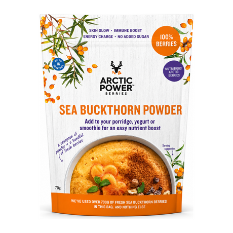 Arctic Power Berries 100% Sea Buckthorn Powder by Arctic Power Berries Food & Drinks — front view showing product label and branding, studio product photo on white background