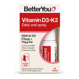 BetterYou D3000+K2 Vitamin D + K2 Daily Oral Spray by BetterYou Natural Remedies — front view showing product label and branding, studio product photo on white background