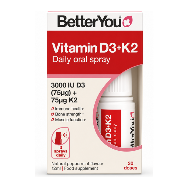 BetterYou D3000+K2 Vitamin D + K2 Daily Oral Spray by BetterYou Natural Remedies — front view showing product label and branding, studio product photo on white background
