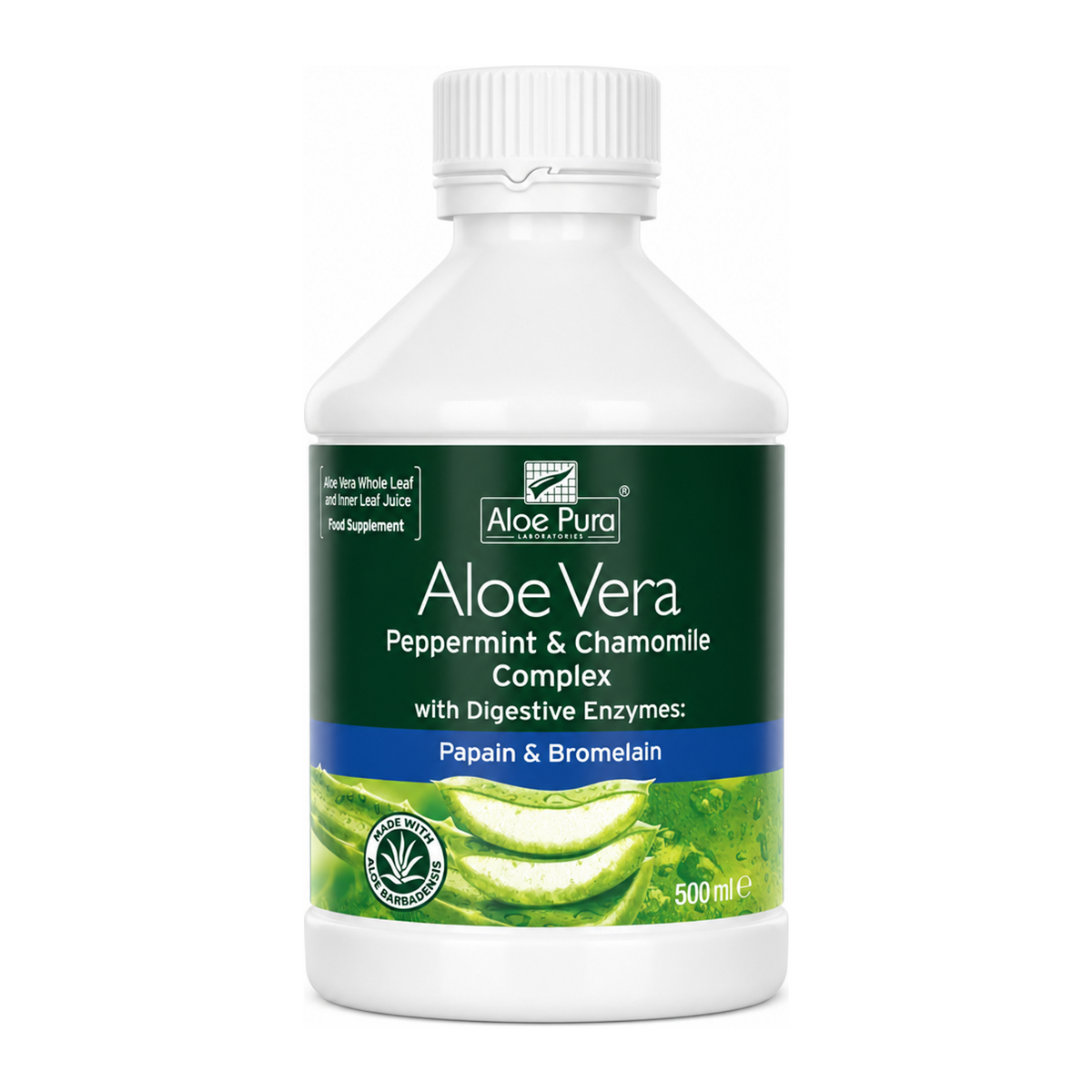 Aloe Pura Aloe Vera Peppermint & Chamomile Complex by Aloe Pura Natural Remedies — front view showing product label and branding, studio product photo on white background