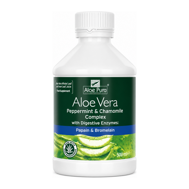 Aloe Pura Aloe Vera Peppermint & Chamomile Complex by Aloe Pura Natural Remedies — front view showing product label and branding, studio product photo on white background