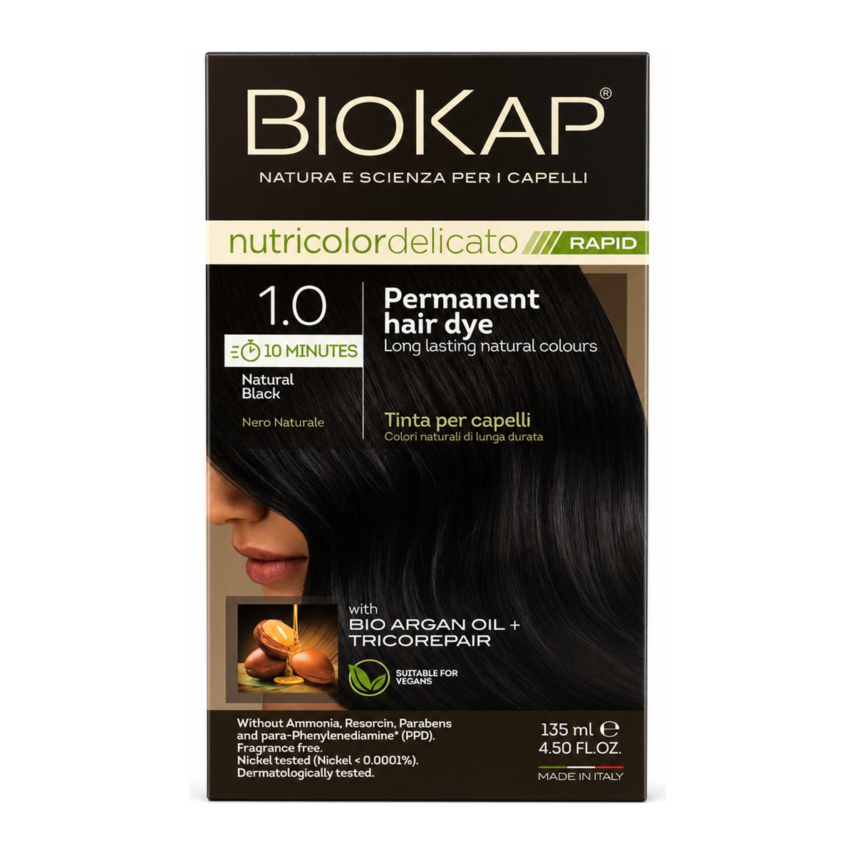 BioKap Natural Black 1.0 Rapid Permanent Hair Dye by BioKap Natural Beauty — front view showing product label and branding, studio product photo on white background