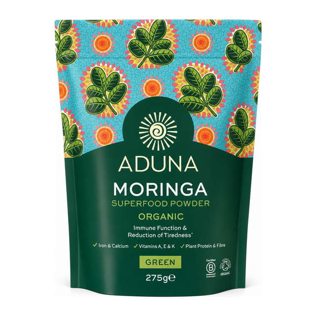 Aduna Moringa Superleaf Powder by Aduna Natural Remedies — front view showing product label and branding, studio product photo on white background