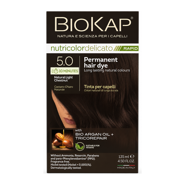 BioKap Natural Light Chestnut 5.0 Rapid Permanent Hair Dye by BioKap Natural Beauty — front view showing product label and branding, studio product photo on white background