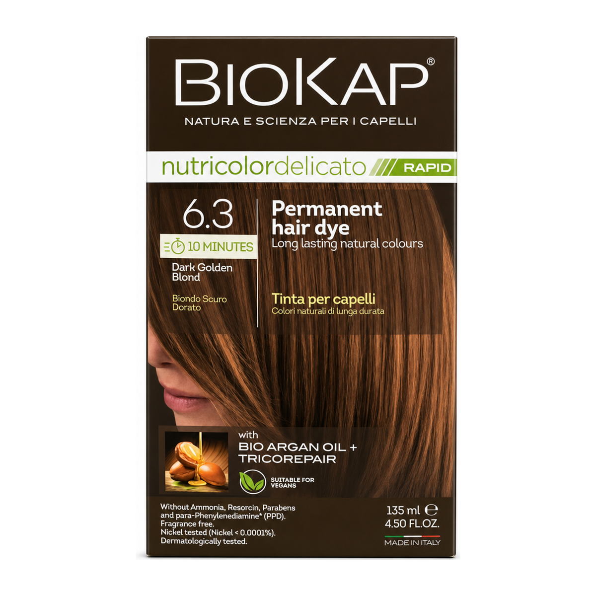 BioKap Dark Golden Blond 6.3 Hair Dye by BioKap Natural Beauty — front view showing product label and branding, studio product photo on white background