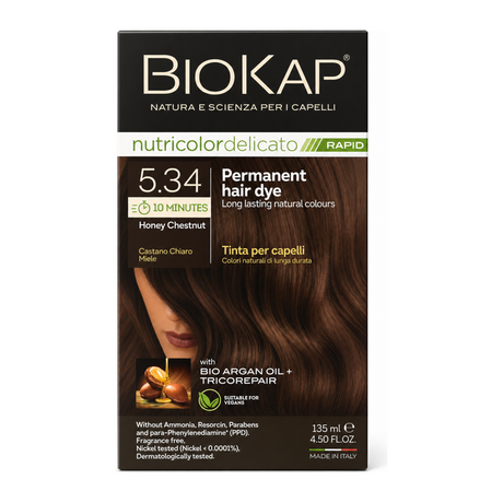 BioKap Honey Chestnut 5.34 Rapid Permanent Hair Dye by BioKap Natural Beauty — front view showing product label and branding, studio product photo on white background