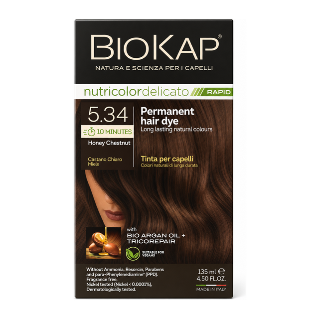BioKap Honey Chestnut 5.34 Rapid Permanent Hair Dye by BioKap Natural Beauty — front view showing product label and branding, studio product photo on white background
