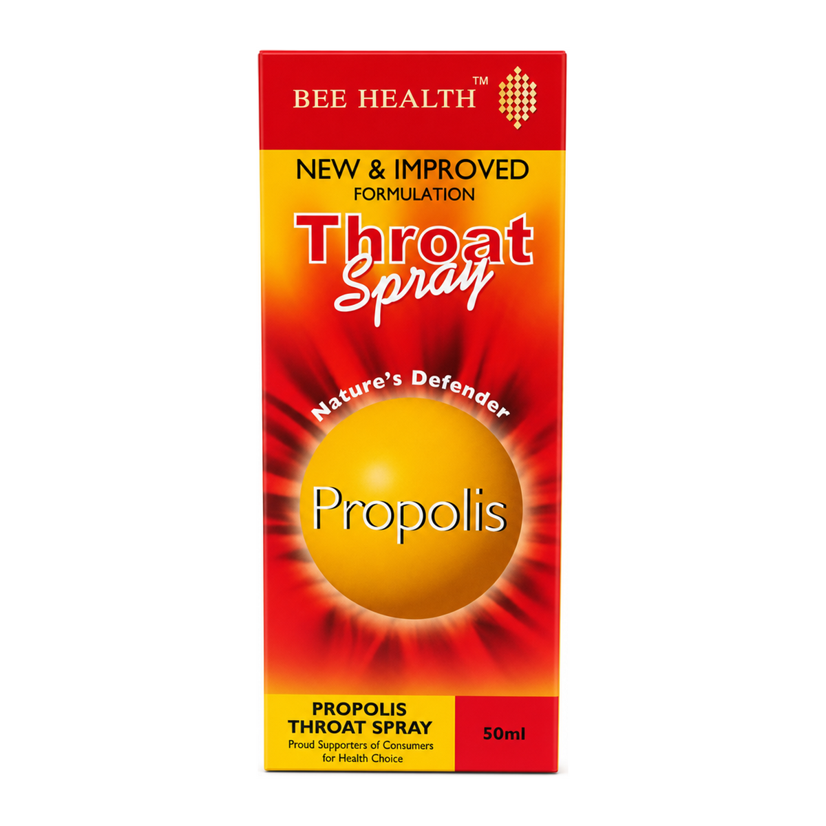 Bee Health Propolis Throat Spray by Bee Health Natural Remedies — front view showing product label and branding, studio product photo on white background