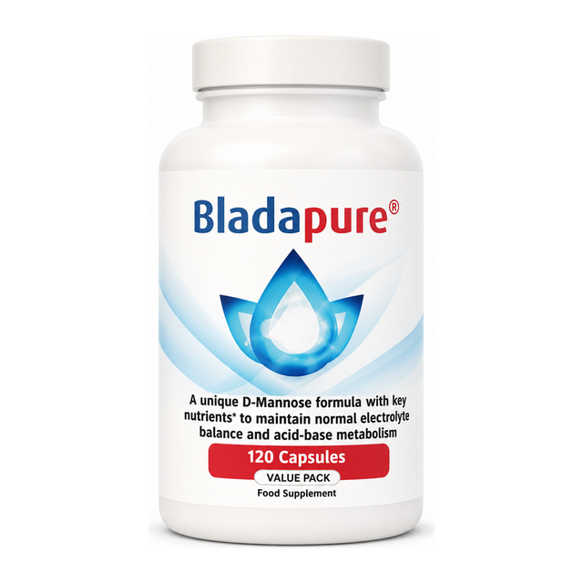 Bladapure Capsules D-Mannose Plus by Bladapure Natural Remedies — front view showing product label and branding, studio product photo on white background