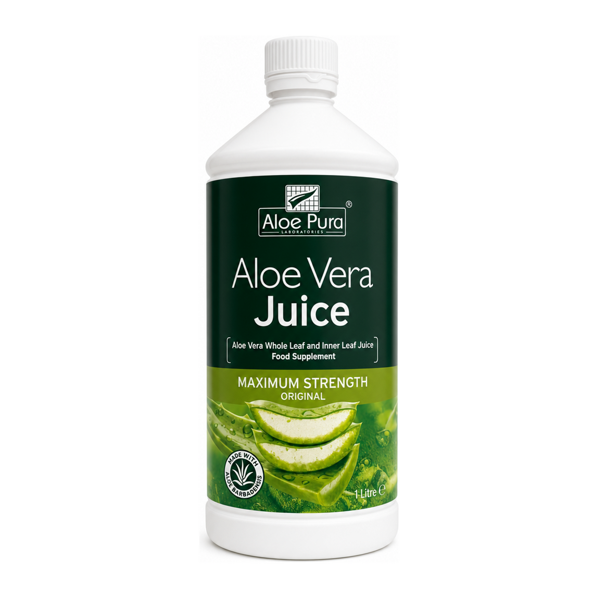 Aloe Pura Aloe Vera Juice Max Strength by Aloe Pura Natural Remedies — front view showing product label and branding, studio product photo on white background