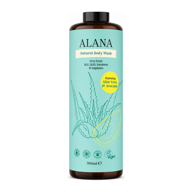 Alana Aloe Vera and Avocado Body Wash by Alana Natural Beauty — front view showing product label and branding, studio product photo on white background
