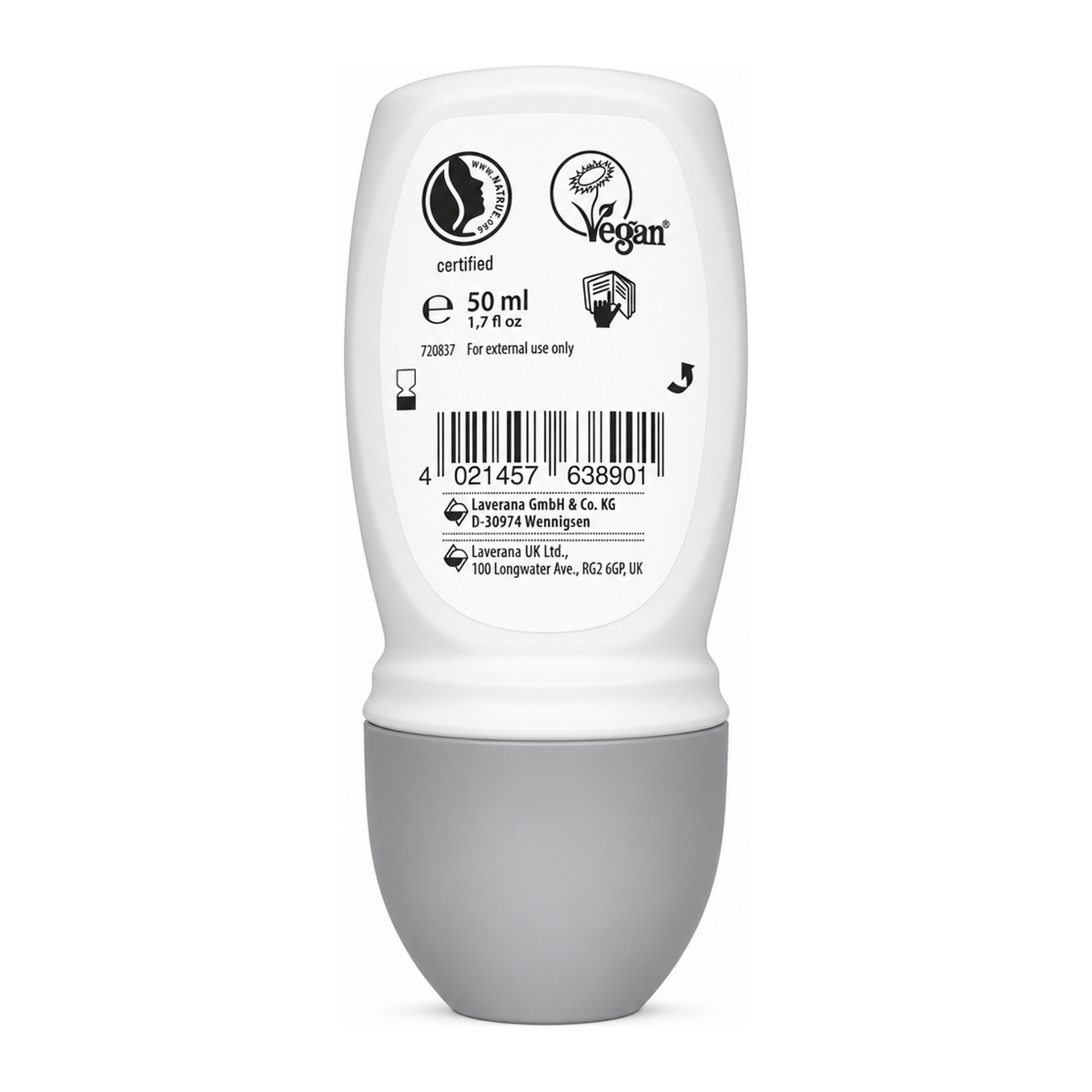 Lavera Natural & Invisible Deodorant Roll On — back view showing ingredients and product details, studio product photo on white background