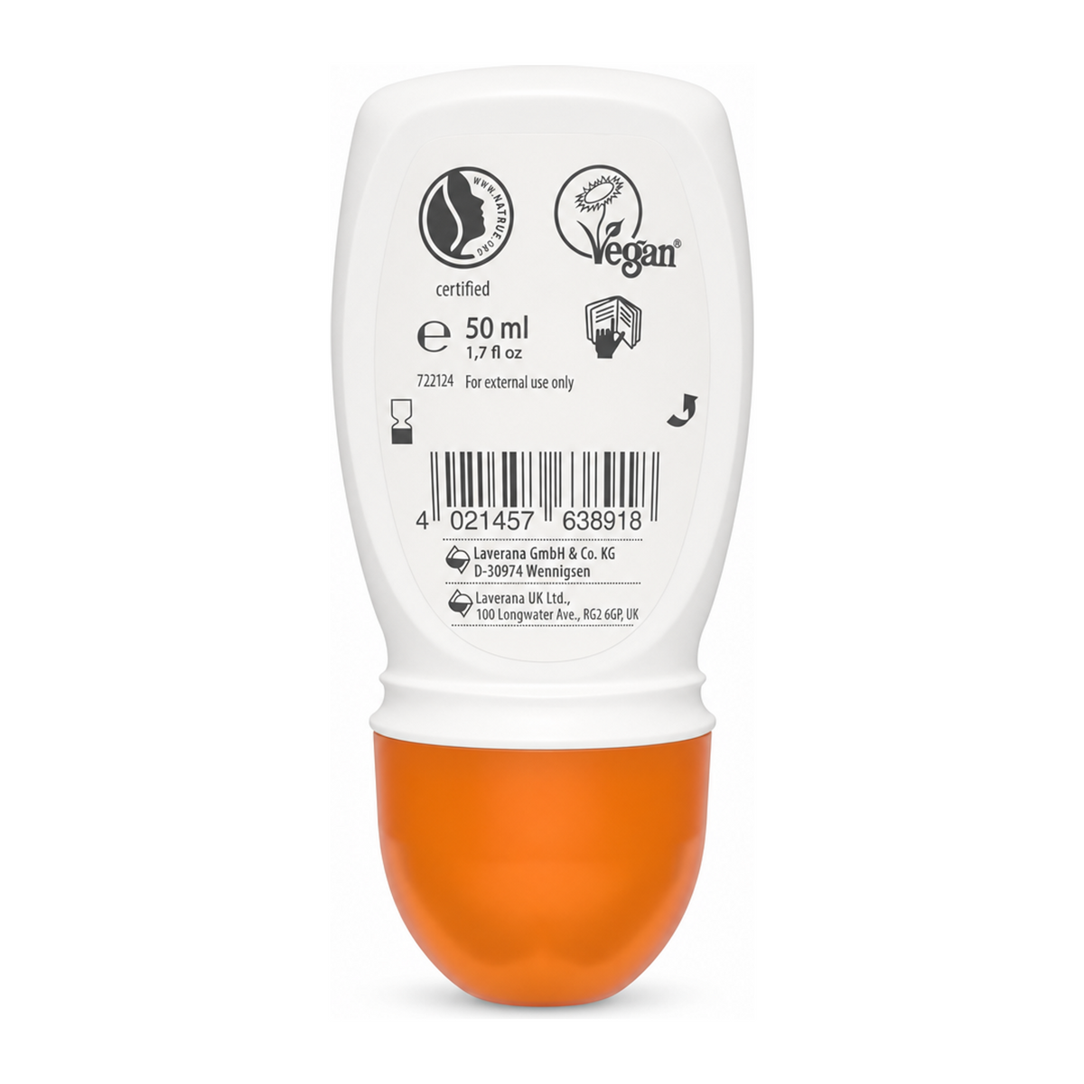 Lavera Natural & Strong Deodorant Roll On — back view showing ingredients and product details, studio product photo on white background