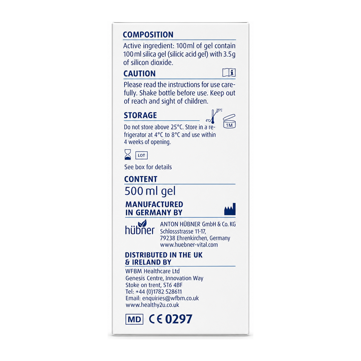 Hubner Silicea Gastro bottle — back view showing ingredients and product details, studio product photo on white background
