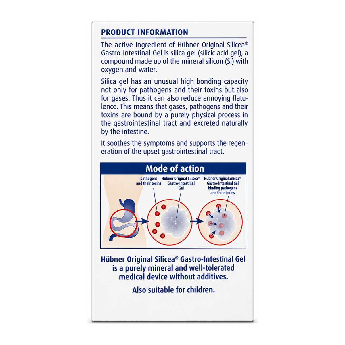 Hubner Silicea Gastrointestinal Gel — back view showing ingredients and product details, studio product photo on white background