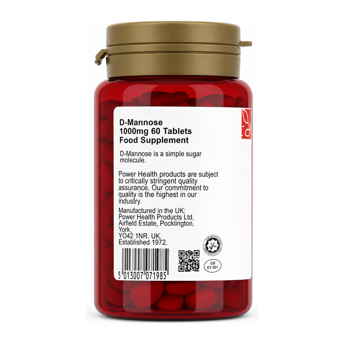 Power Health D-Mannose 1000mg — back view showing ingredients and product details, studio product photo on white background