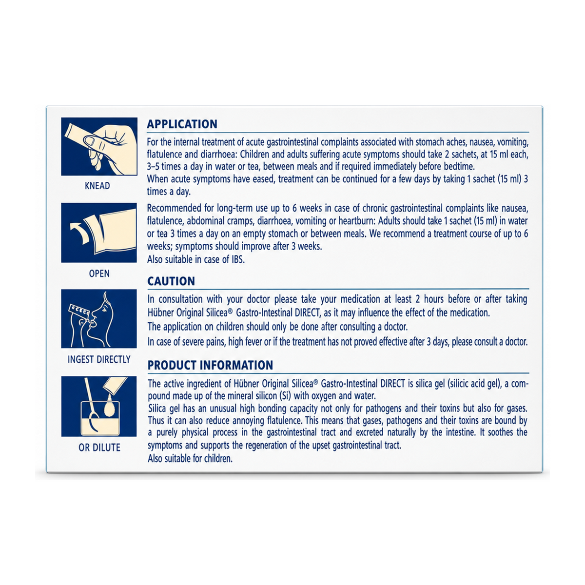Hubner Silicea Gastro Intestinal Gel 15x sachets — back view showing ingredients and product details, studio product photo on white background