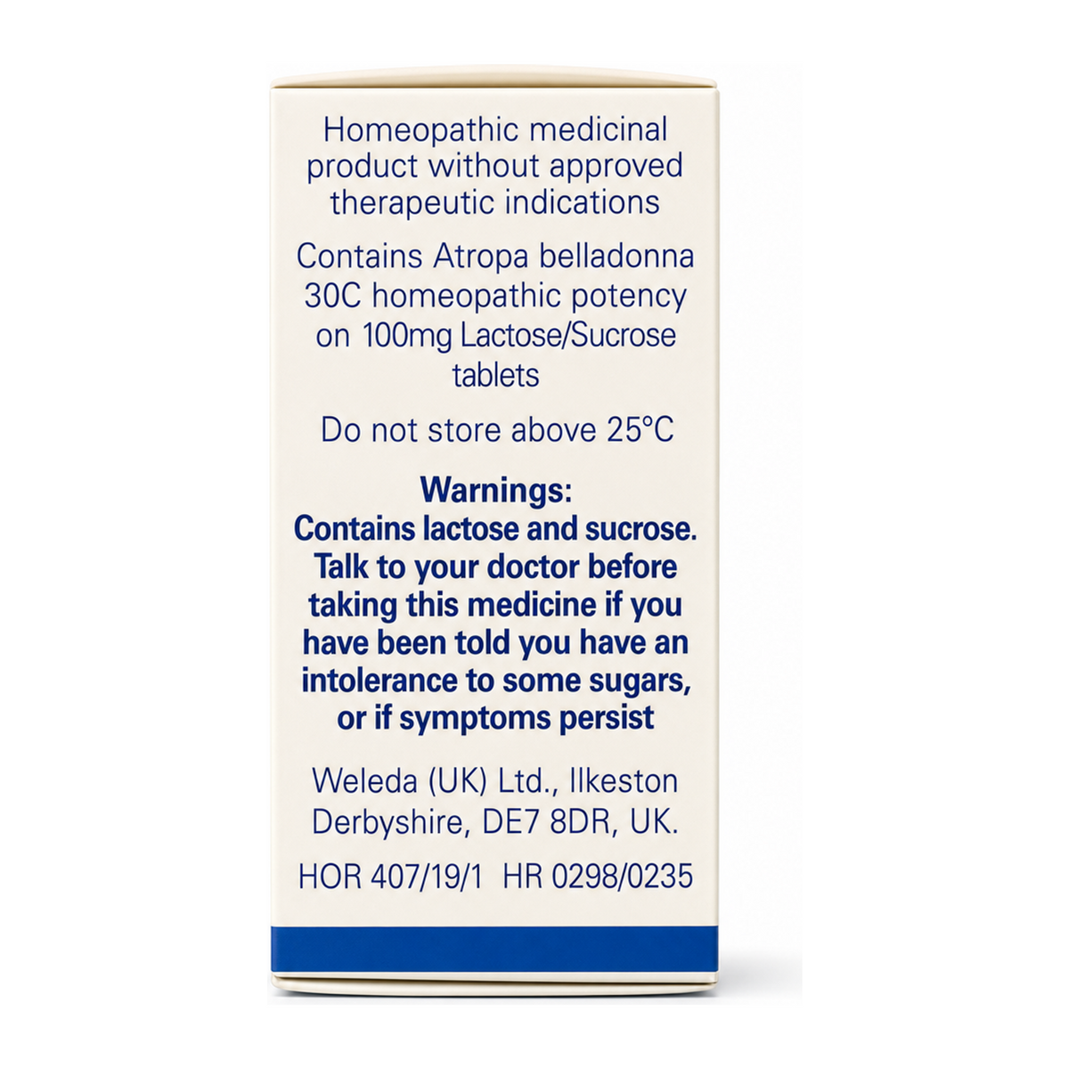 Weleda Belladonna 30C - 125 tabs — back view showing ingredients and product details, studio product photo on white background