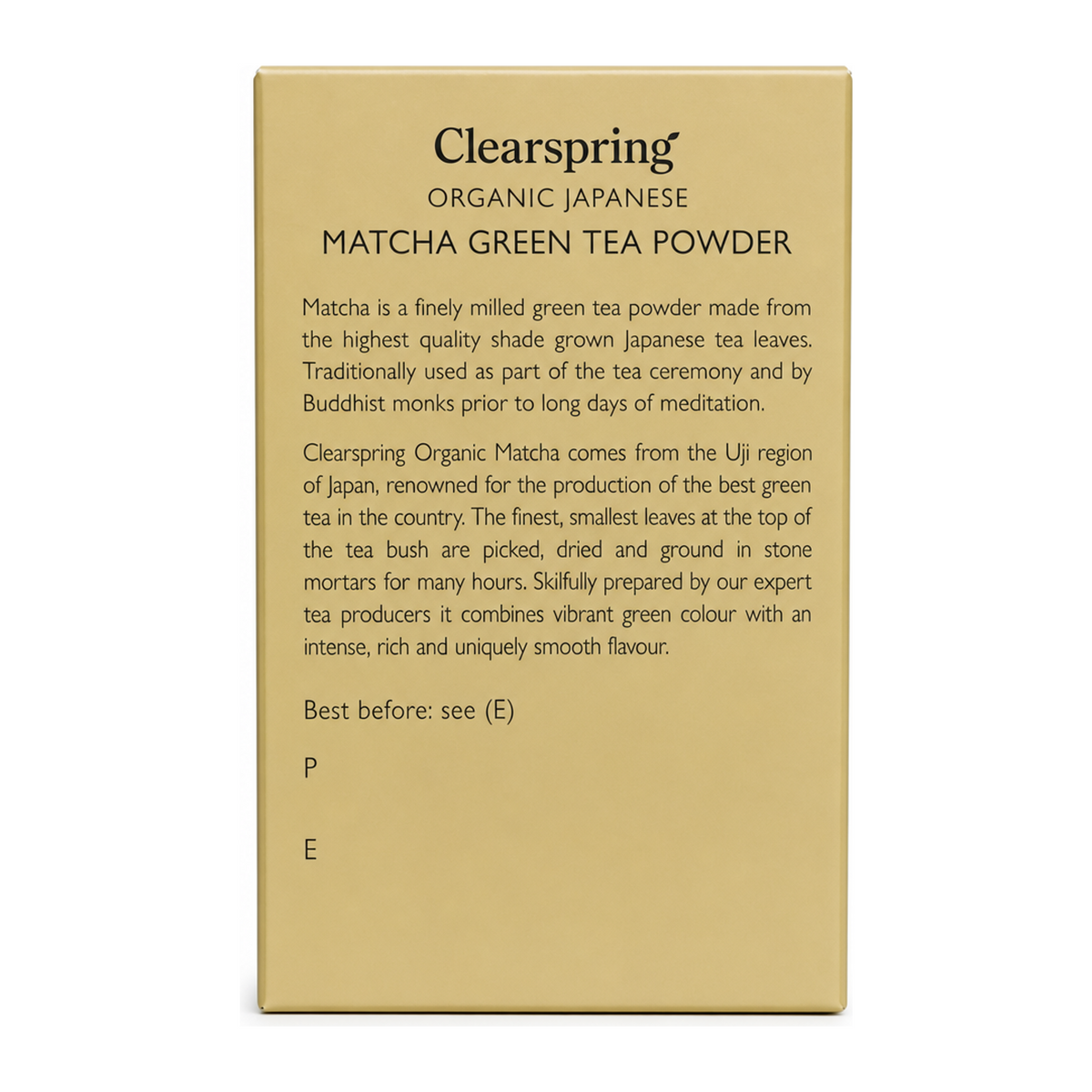 Clearspring Organic Matcha Green Tea Powder Ceremonial Grade (tin) — back view showing ingredients and product details, studio product photo on white background