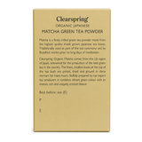 Clearspring Organic Matcha Green Tea Powder Ceremonial Grade (tin) — back view showing ingredients and product details, studio product photo on white background