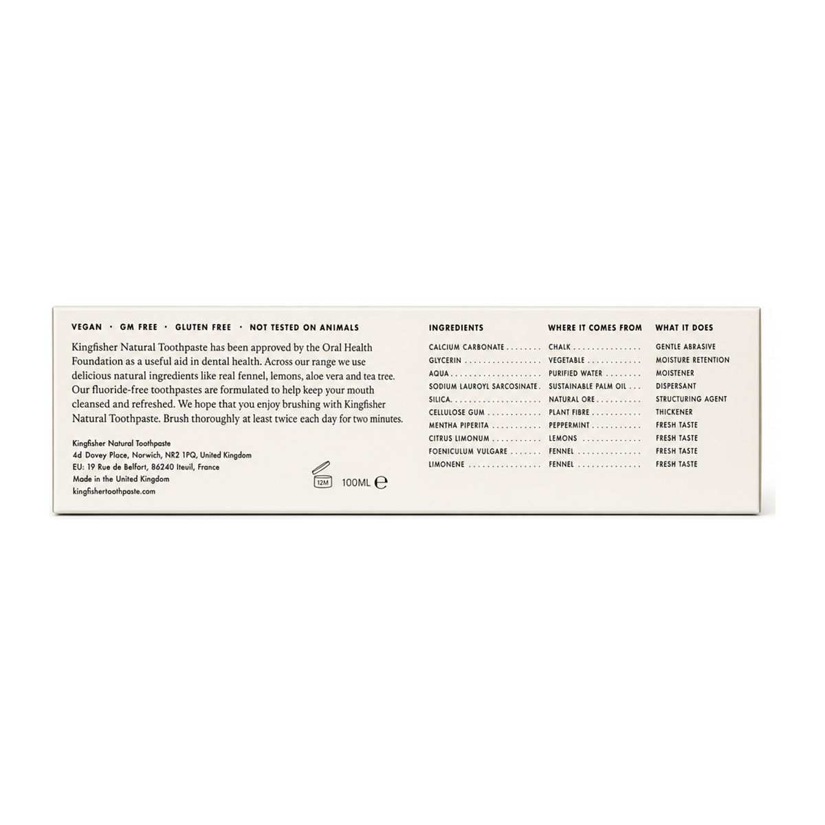 Kingfisher Natural Mint Fluoride Free Toothpaste — back view showing ingredients and product details, studio product photo on white background