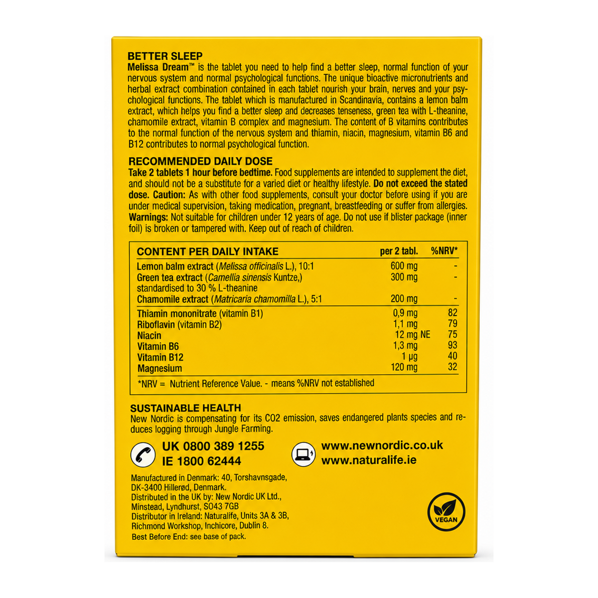 New Nordic Melissa Dream 20 tablets — back view showing ingredients and product details, studio product photo on white background