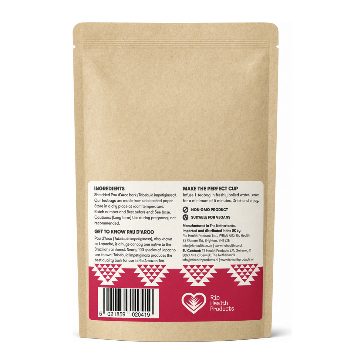 Rio Amazon Pau d'Arco (Lapacho) 2,000mg 40 Teabags — back view showing ingredients and product details, studio product photo on white background