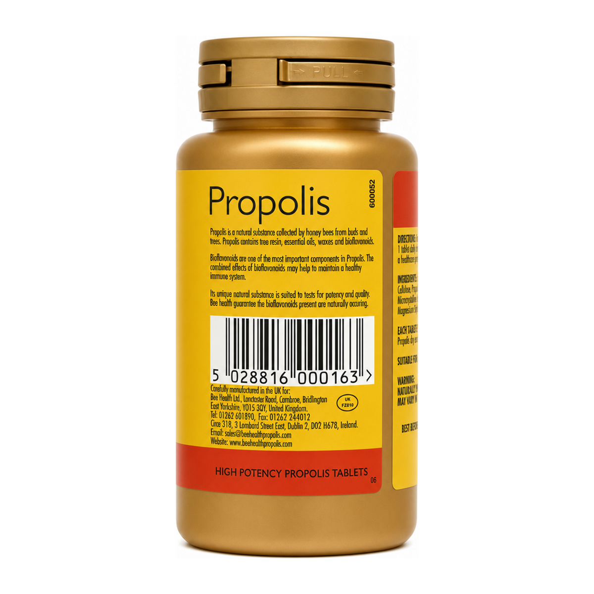 Bee Health Propolis Capsules 30 x 1000mg — back view showing ingredients and product details, studio product photo on white background