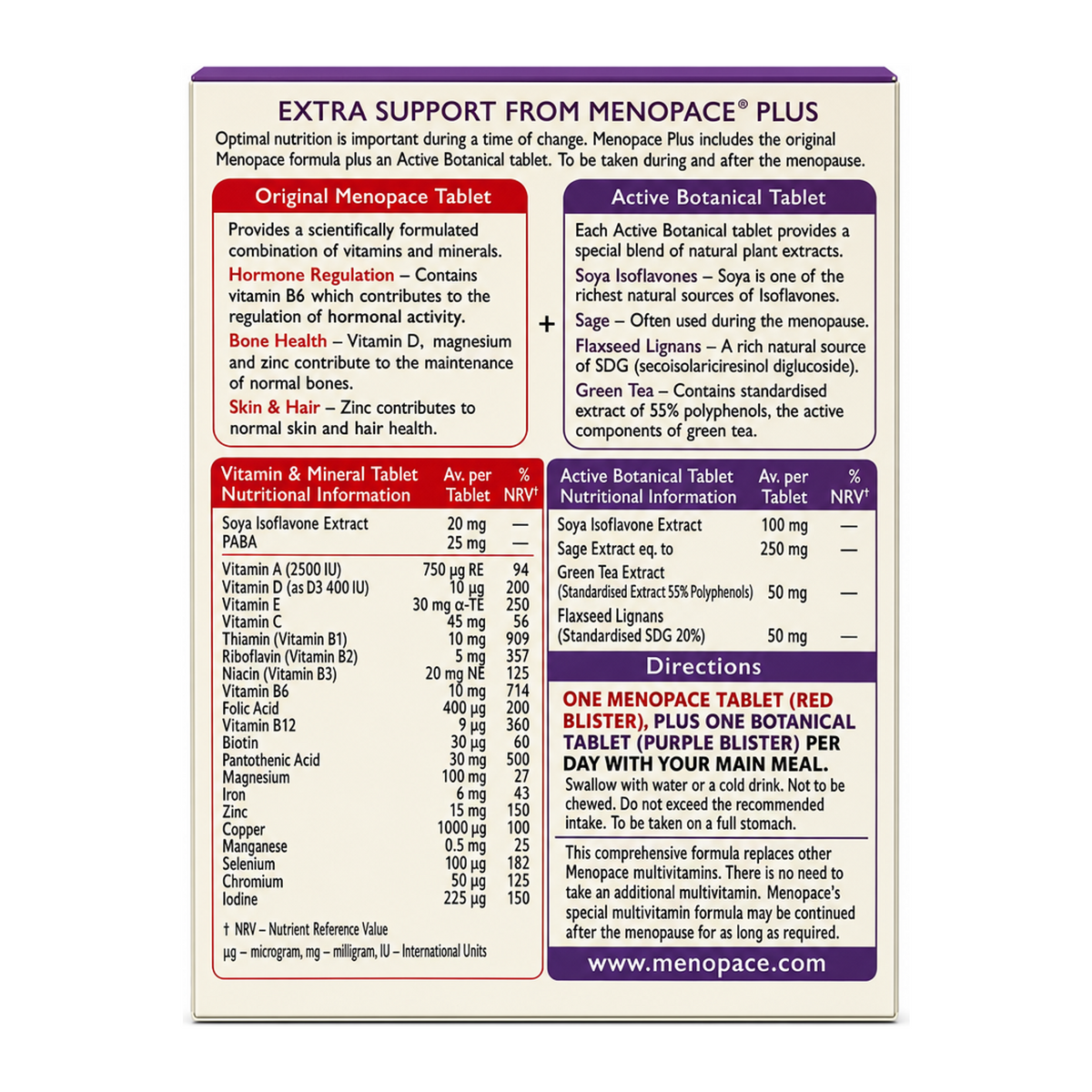 Vitabiotic Menopace Plus 28/28 tablets — back view showing ingredients and product details, studio product photo on white background