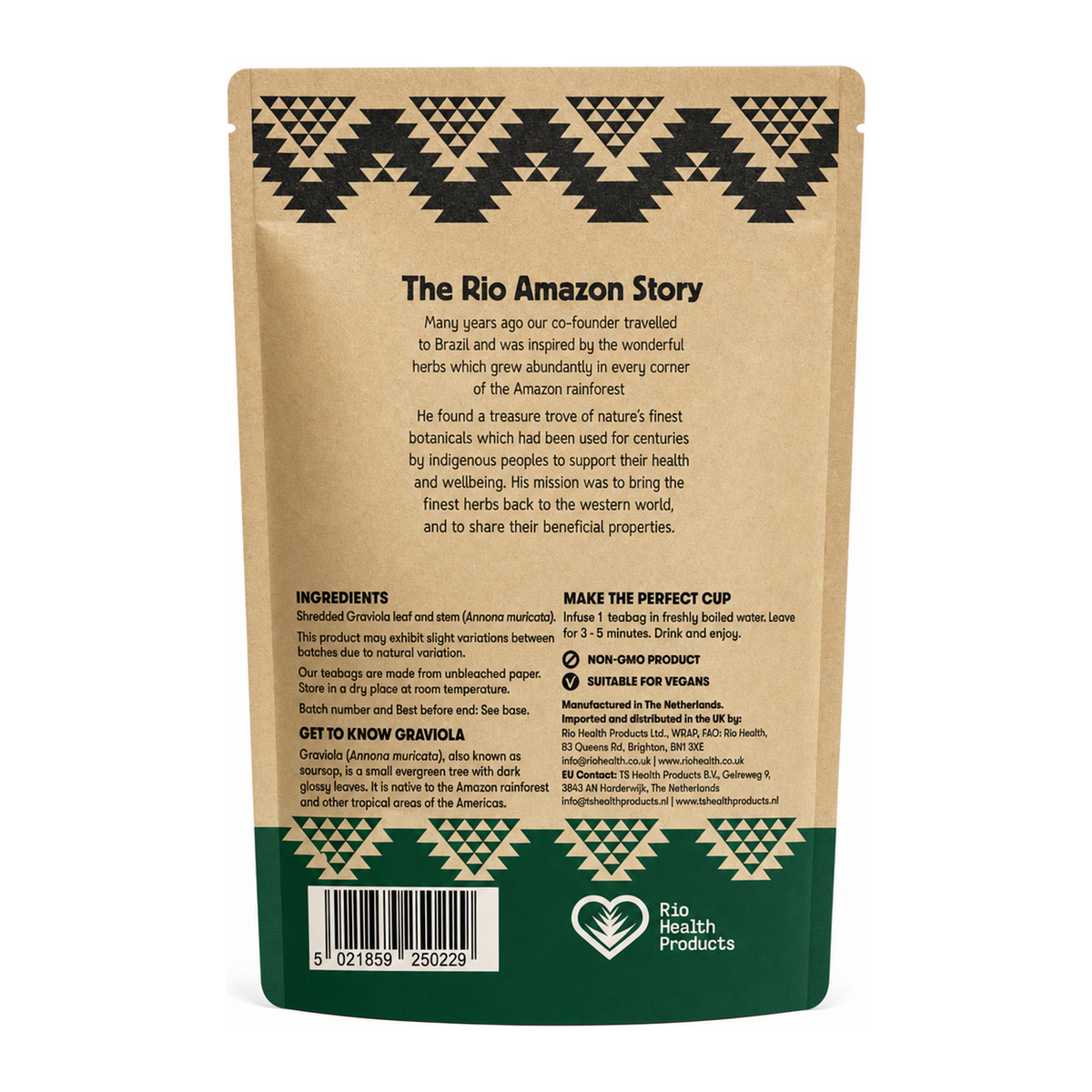 Rio Amazon Graviola Leaf Tea 40 Teabags — back view showing ingredients and product details, studio product photo on white background