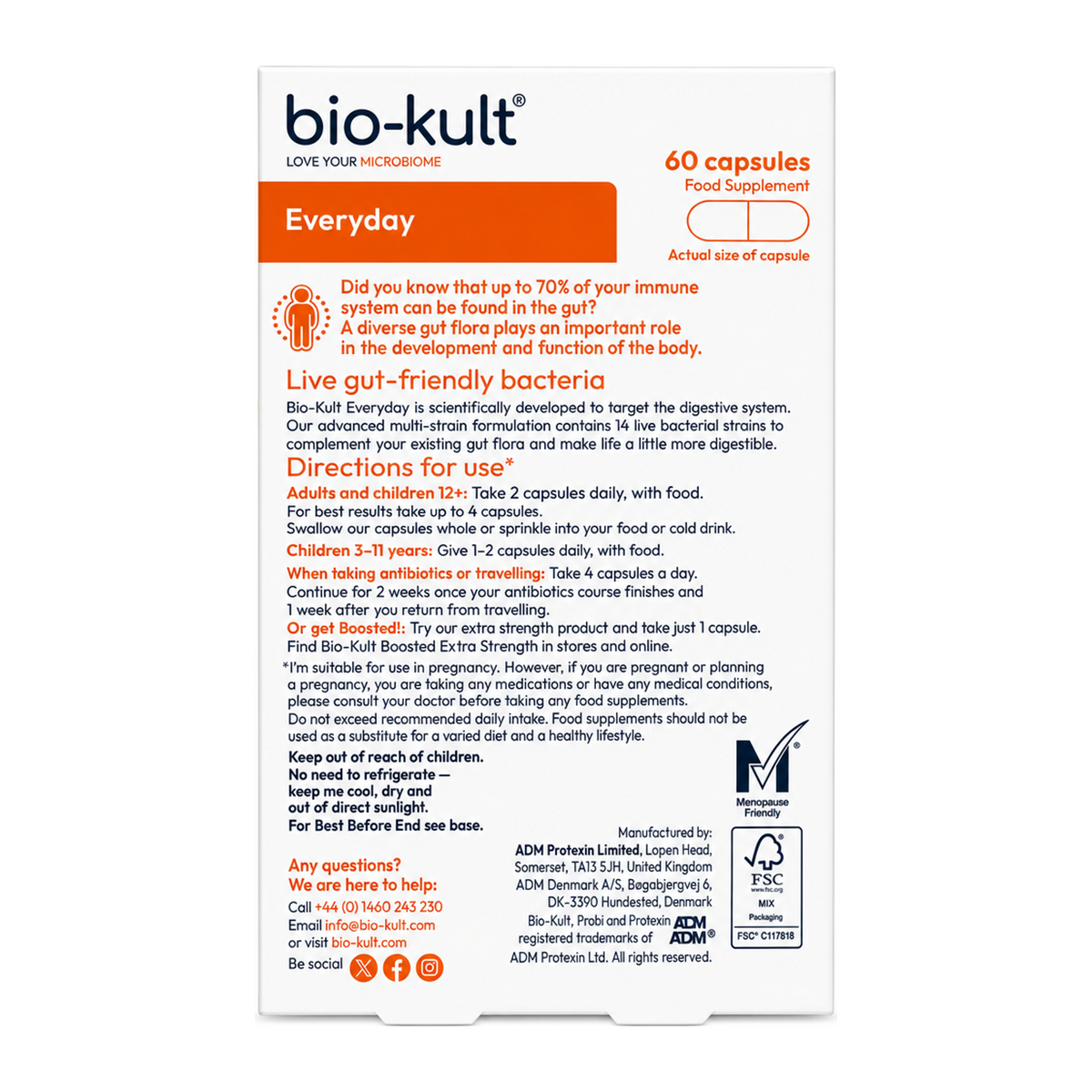 Bio-Kult Everyday Advanced Formulation — back view showing ingredients and product details, studio product photo on white background