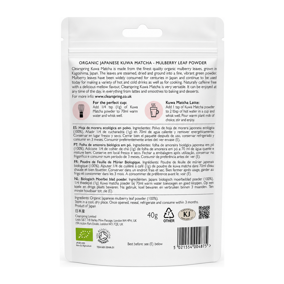 Clearspring Organic Japanese Kuwa Matcha - Mulberry Leaf Powder — back view showing ingredients and product details, studio product photo on white background