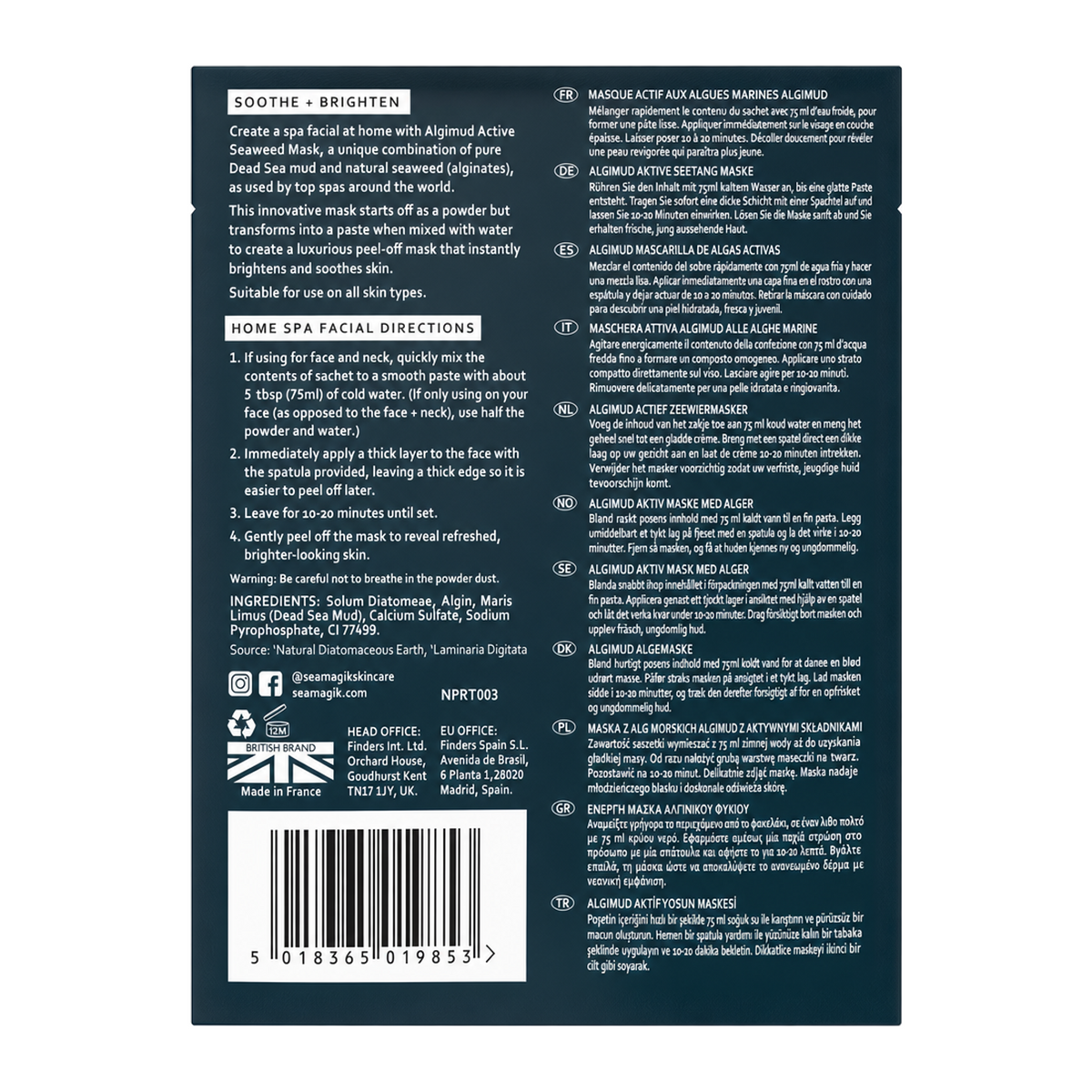 Dead Sea Spa Magik Algimud Active Seaweed Mask 25g — back view showing ingredients and product details, studio product photo on white background