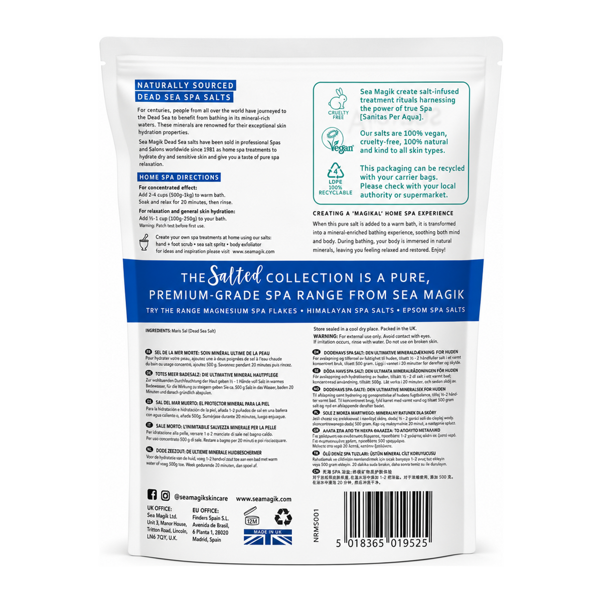 Dead Sea Spa Magik Dead Sea Spa Salts — back view showing ingredients and product details, studio product photo on white background