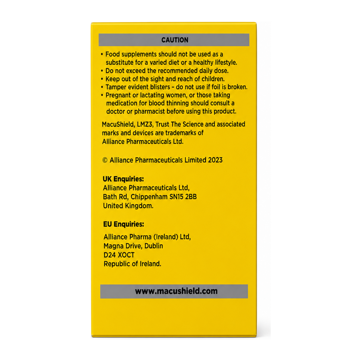 MacuShield Gold X 90 Capsules — back view showing ingredients and product details, studio product photo on white background