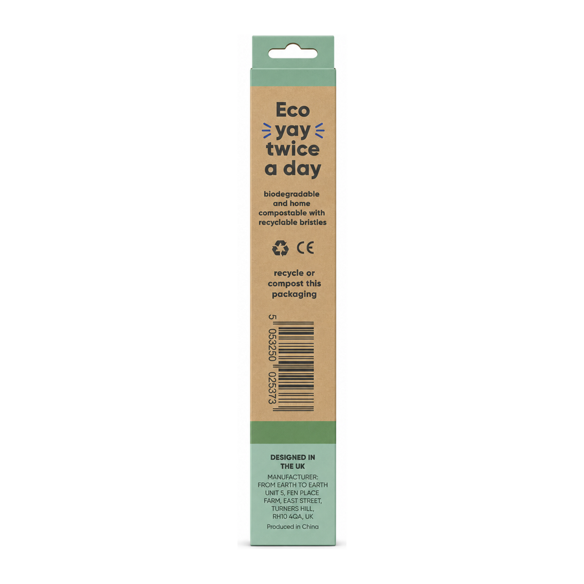 From Earth to Earth Bamboo Tooth Brush Magical Mint - Mint Green Child 1 Unit — back view showing ingredients and product details, studio product photo on white background
