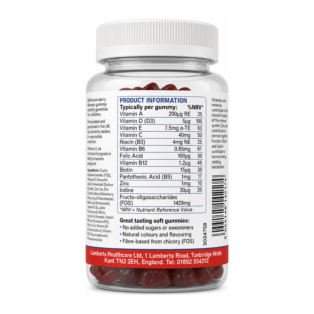 Lamberts Multi - Guard Gummies for Kids 60s — back view showing ingredients and product details, studio product photo on white background